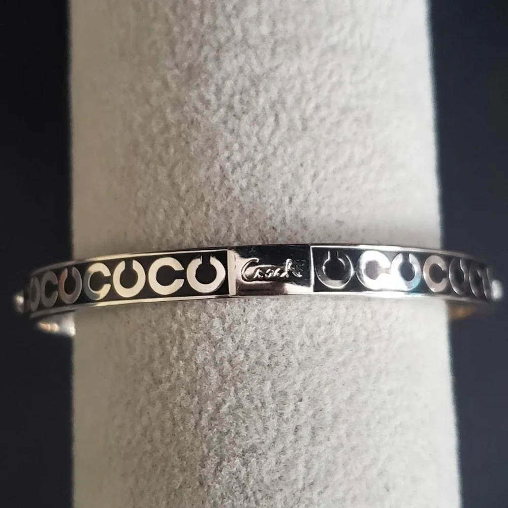 Coach Black and Silver Logo Bangle Bracelet with Crystal Accent